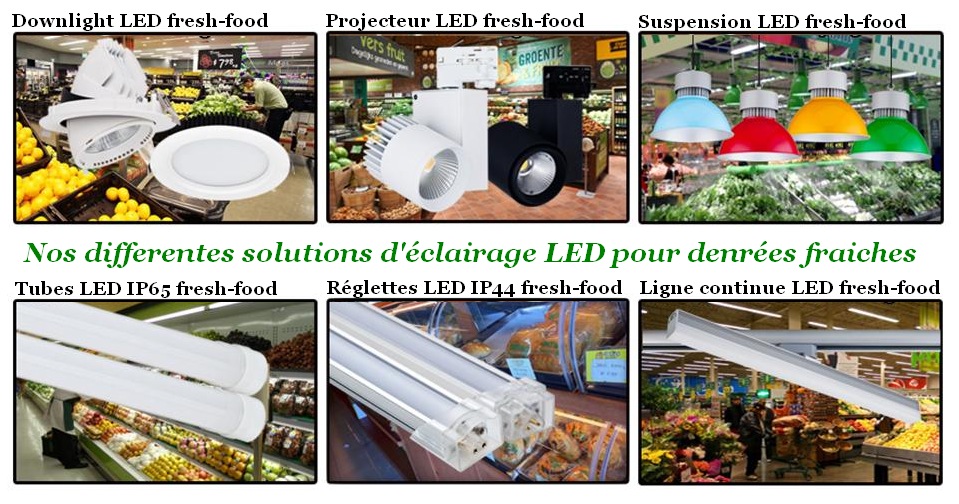 Differents systemes d'éclairage de denrées alimentaires, projecteur, suspensions, reglettes, downlight