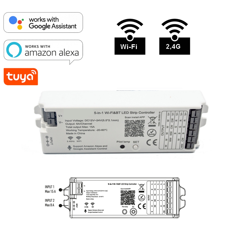 C-S5  : Controleur LED 12/24V 5 canaux Wi-Fi + 2,4G 15A maxi