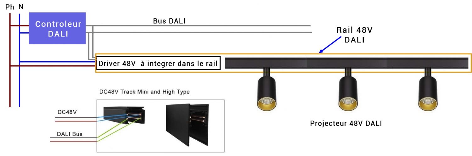 Cablage des rails DALI avec driver 48V integré