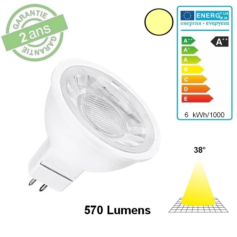 MR16LED : lampe LED GU5,3 12V 6W 38° blanc chaud 3000°K