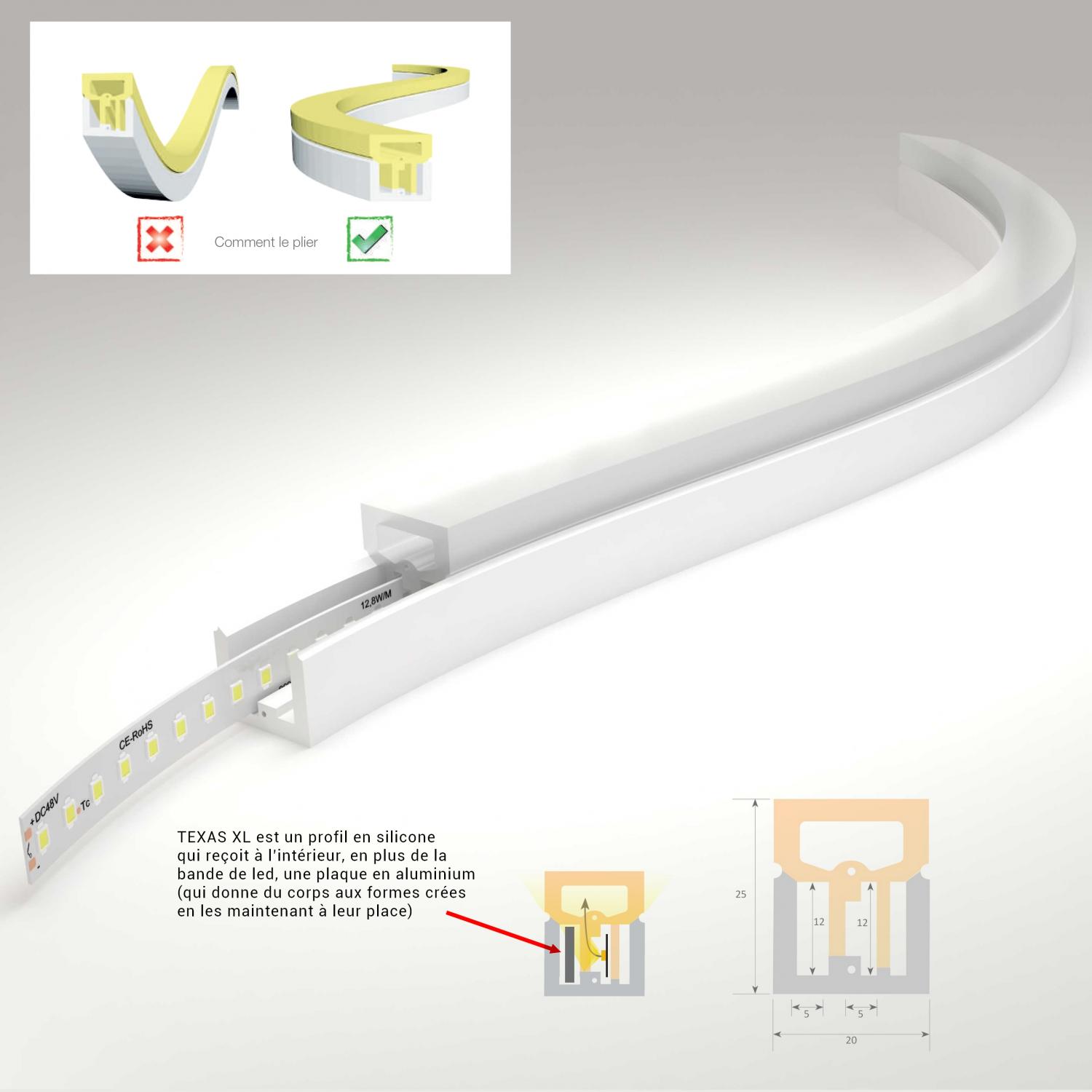 TEXAS-XL Profilé LED silicone IP67 section 20x25 mm pour ruban LED