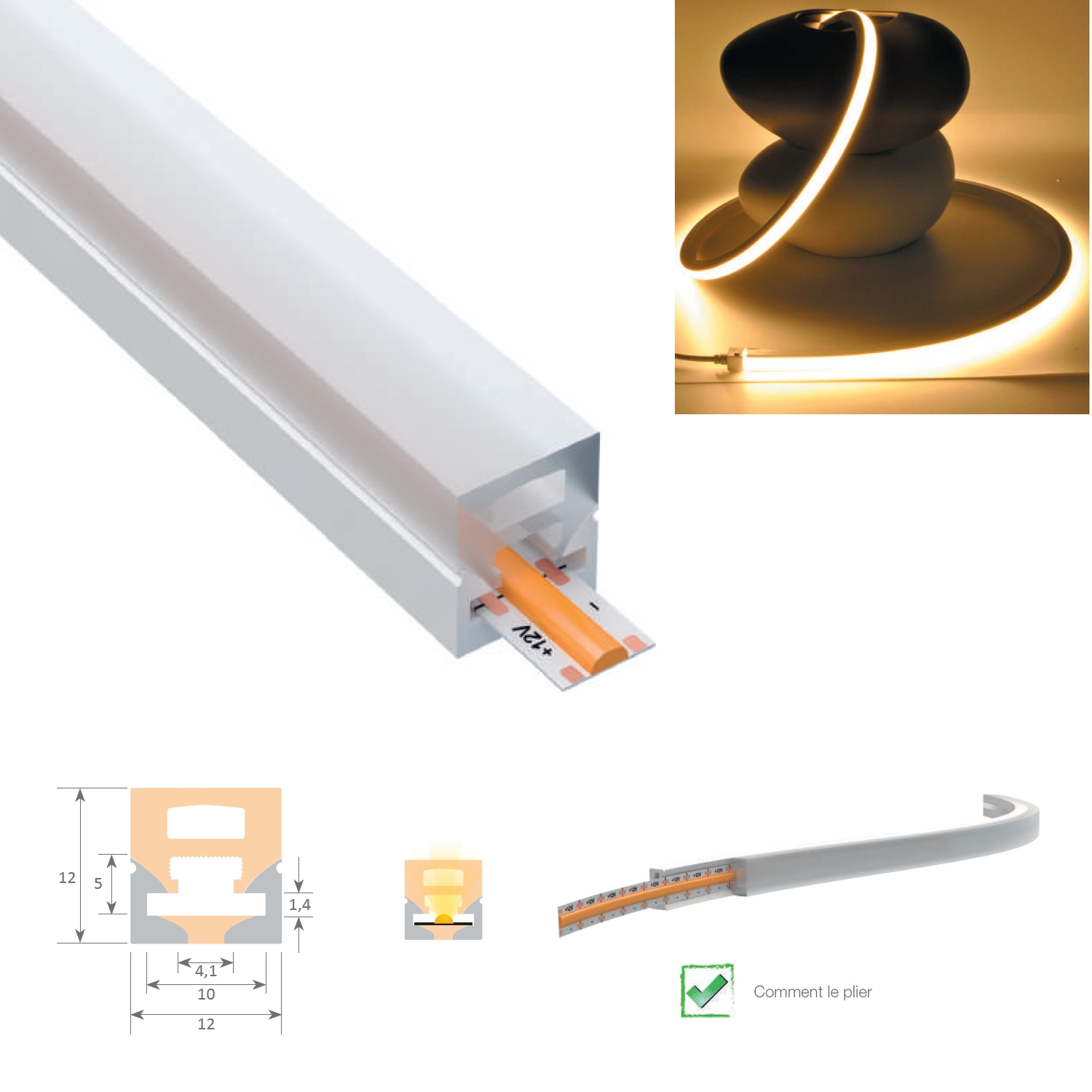 DAKOTA-XL Profilé LED silicone carré IP67 section 12x12 mm pour ruban LED