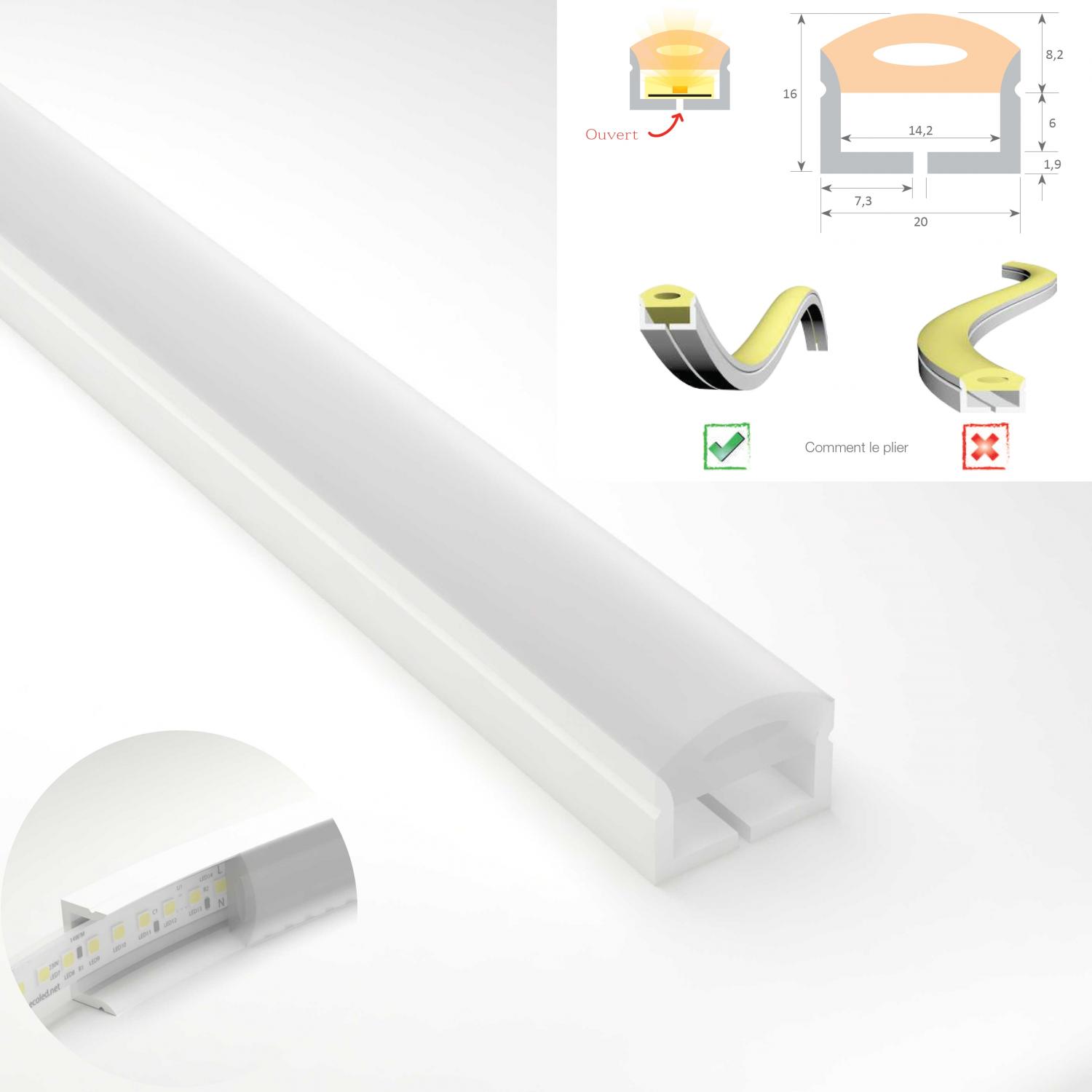 MONTANA Profilé LED silicone section 20x16 mm pour ruban LED étanche