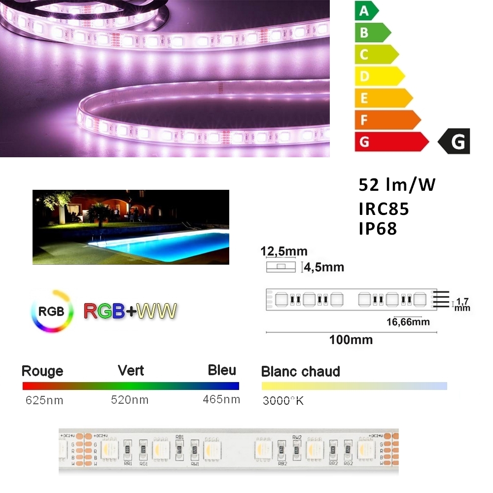 AQUA/S-18-RVB+WW  ruban LED RGB+3000°K étanche IP68 siliconé 13mm, 24V, 60 leds/mètre, 18W/mètres, 52 lm/W