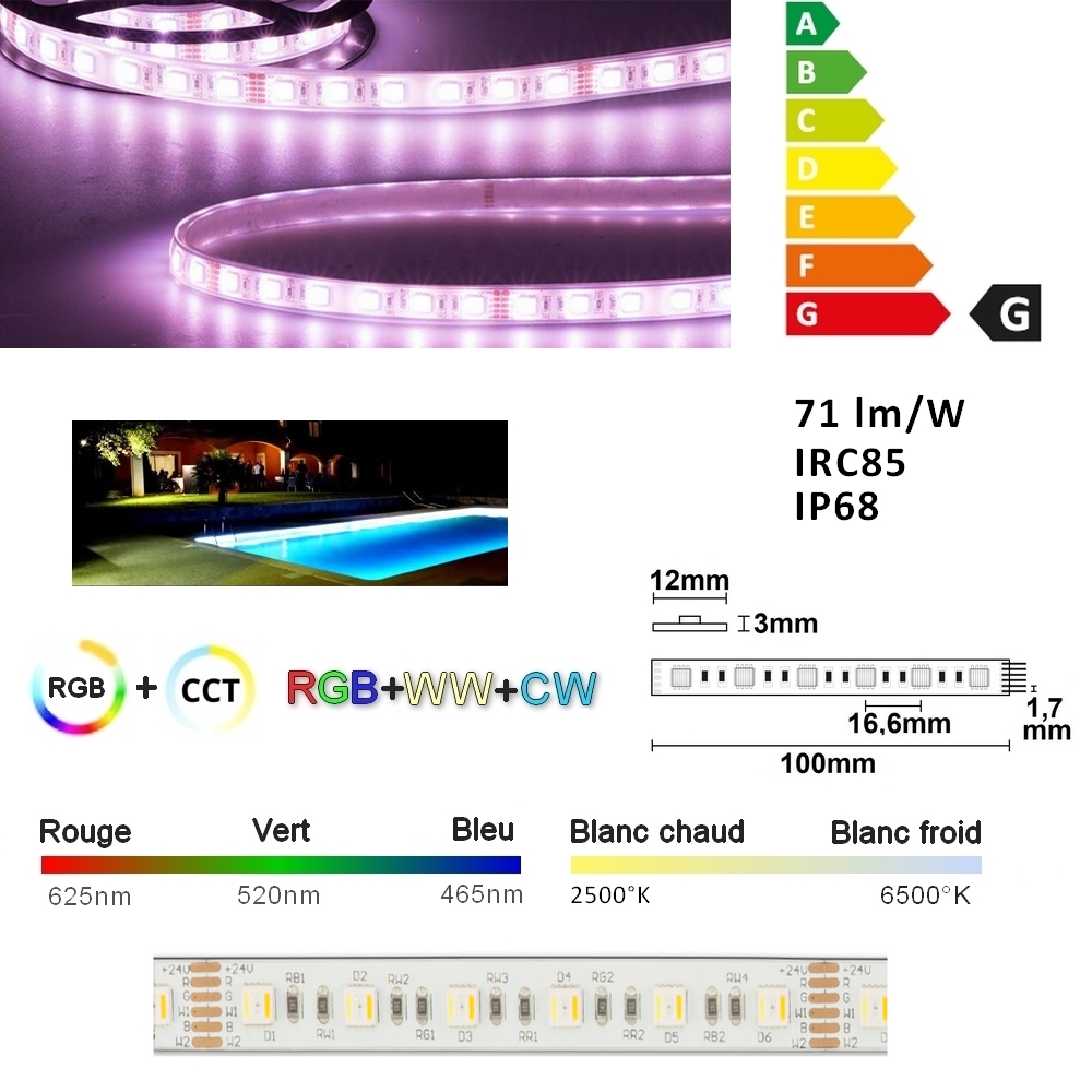 AQUA/S-20-RVB+CCT  ruban LED RGB+CCT étanche IP68 15mm, 24V, 60 leds/mètre, 20W/mètres, 71 lm/W