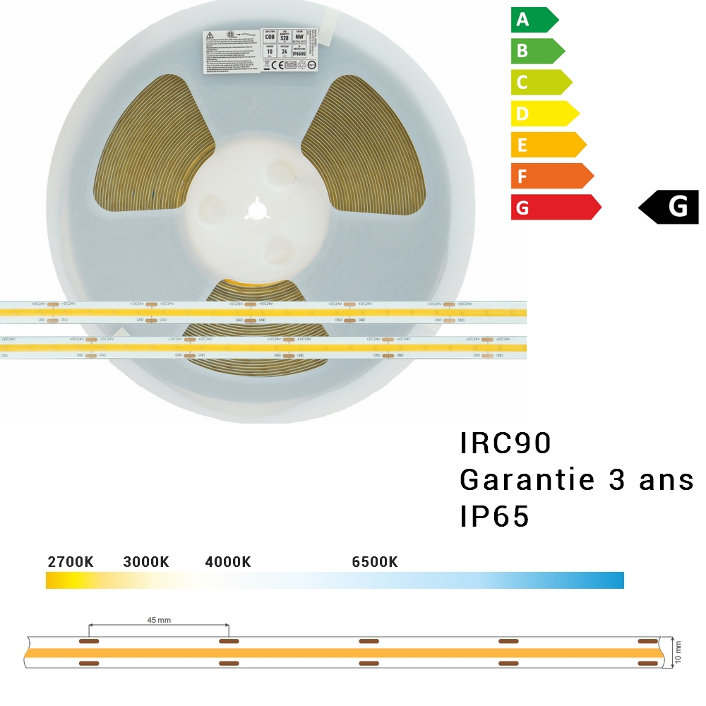 COB65-241010 ruban LED COB 10 mm, 24V, 526 leds/mètre, 10W/mètres, IRC90, IP65