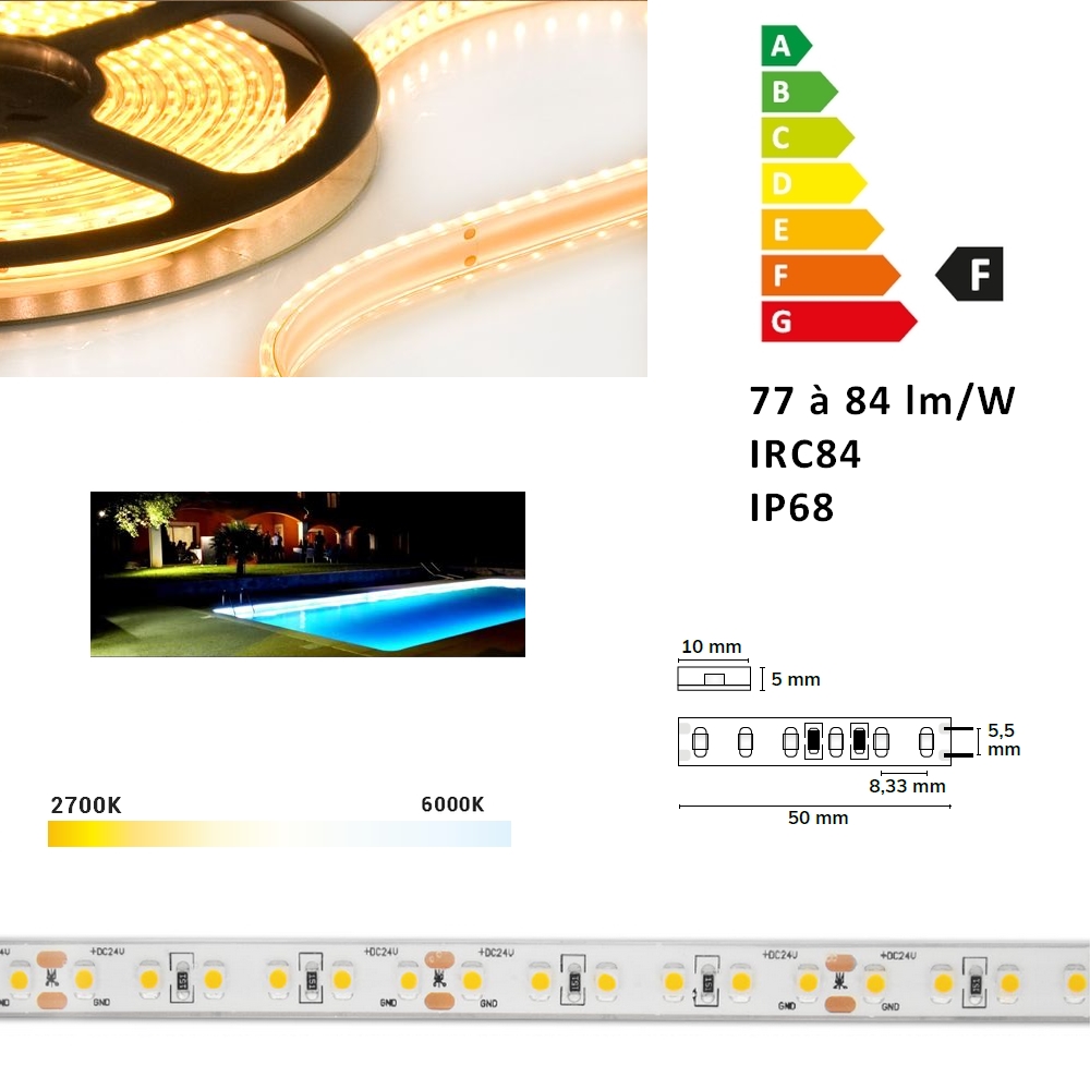 AQUA/P-10  ruban LED étanche IP68 polyéthylène 10 mm, 24V, 120 leds/mètre, 10W/mètres, 75 lm/W