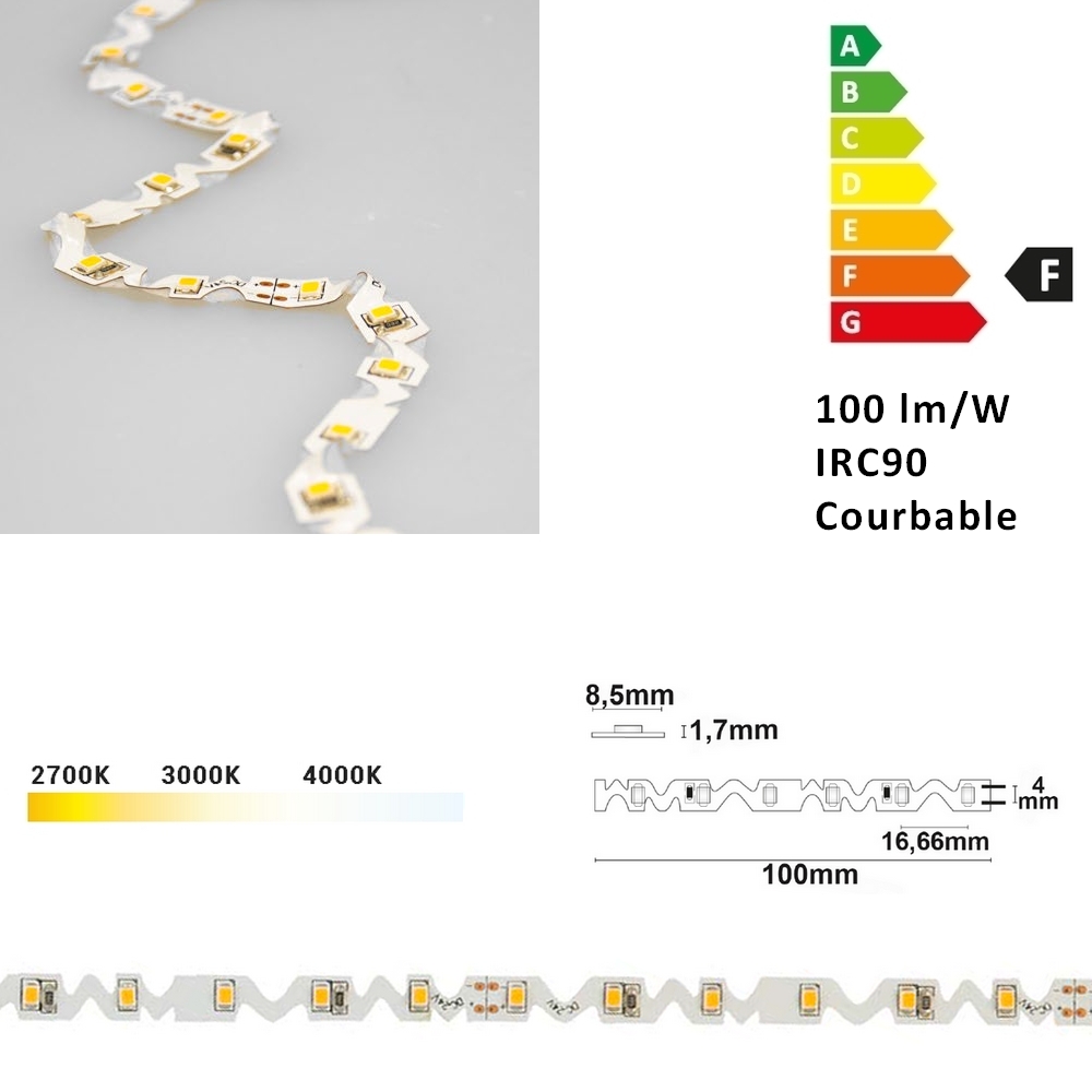 HC-12 ruban LED courbable 8,5 mm, 24V, 60 leds/mètre, 12W/mètres, 100 lm/W, IRC>90