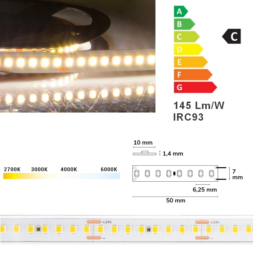 HLQ-16 ruban LED 10 mm, 24V, 160 leds/mètre, 16W/mètres, 145 lm/W, IRC93
