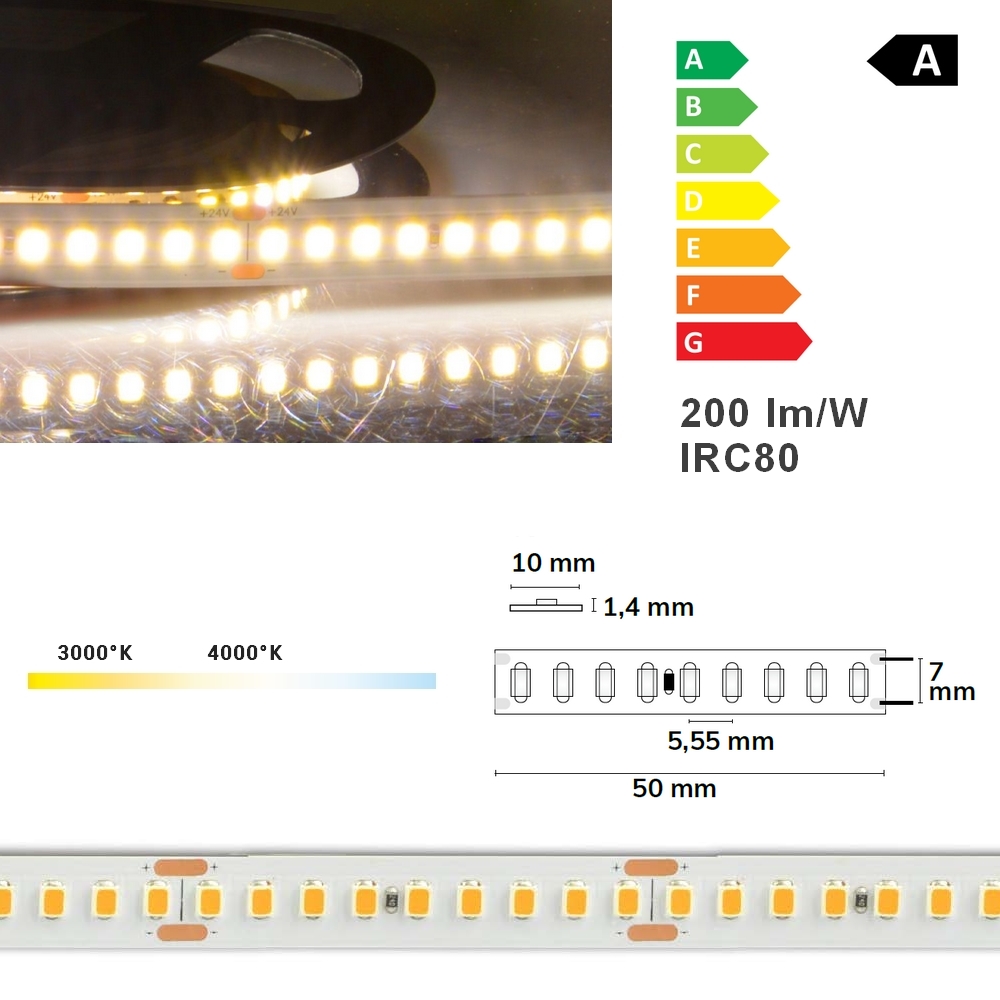 HLQ-9 ruban LED 10 mm, 24V, 180 leds/mètre, 9W/mètres, 200 lm/W