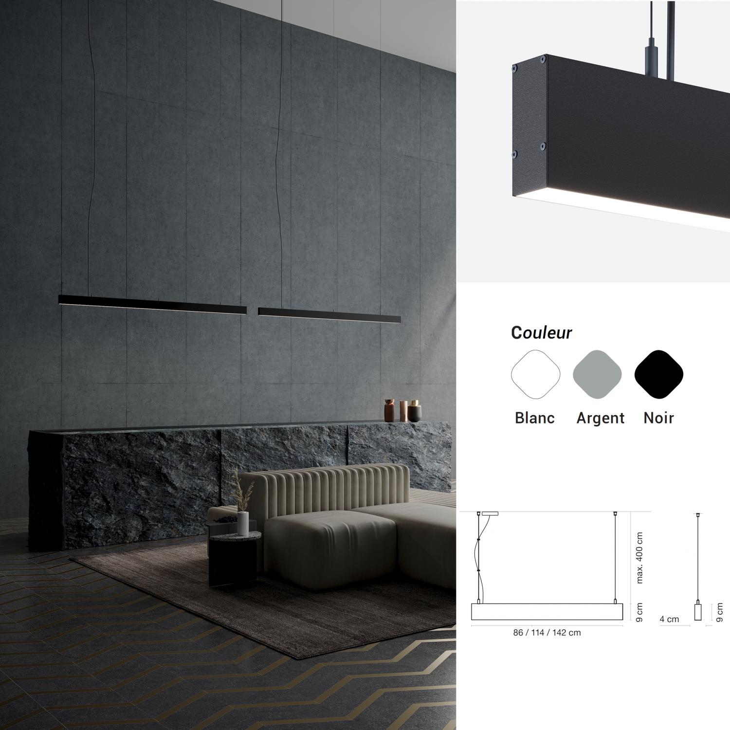 MADISON : Suspension LED design, profile 4x9 cm, choix de 3 coloris, UGR<19