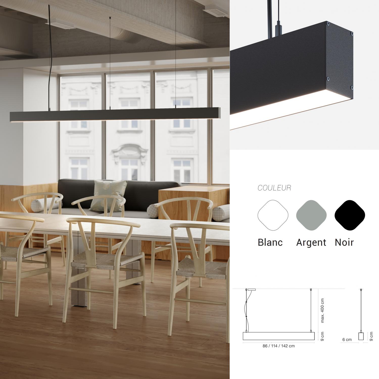 LINO : Suspension LED design, profile 6x9 cm, choix de 3 coloris, UGR<19