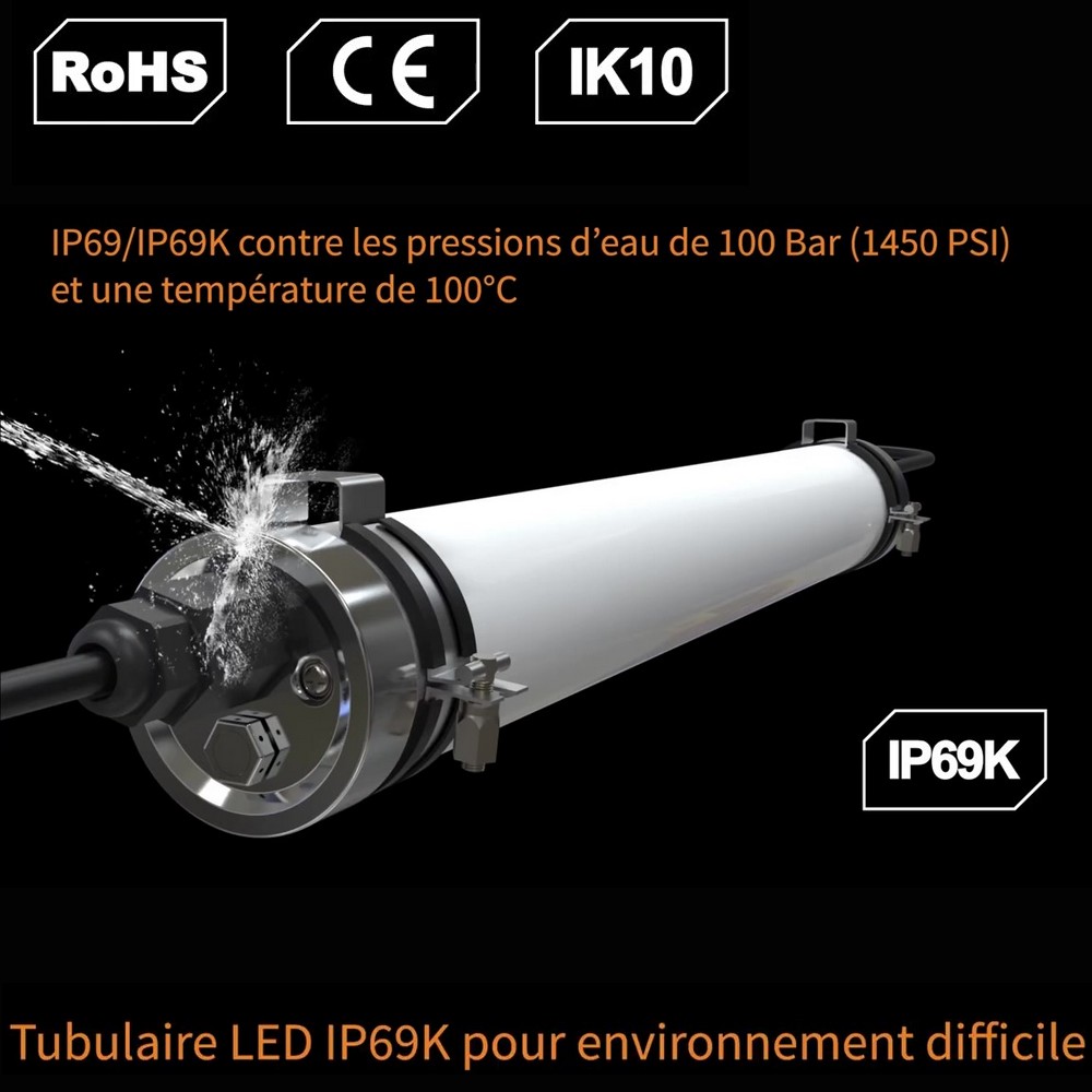 TUBOS-50: LuminaireTubulaire LED IP69K, IK10 pour environnement difficile