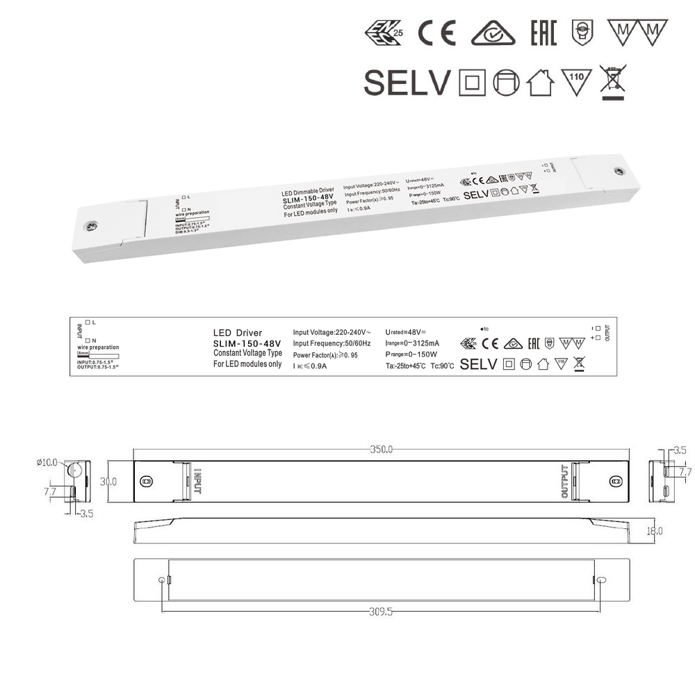 SLIM-150W-48V  : Driver LED extra-plat, tension constante 48V 150W, non dimmable,