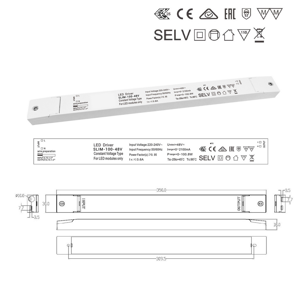 SLIM-100W-48V  : Driver LED extra-plat, tension constante 48V 100W, non dimmable,
