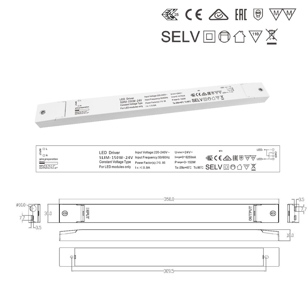 SLIM-150W-24V  : Driver LED extra-plat, tension constante 24V 150W, non dimmable,