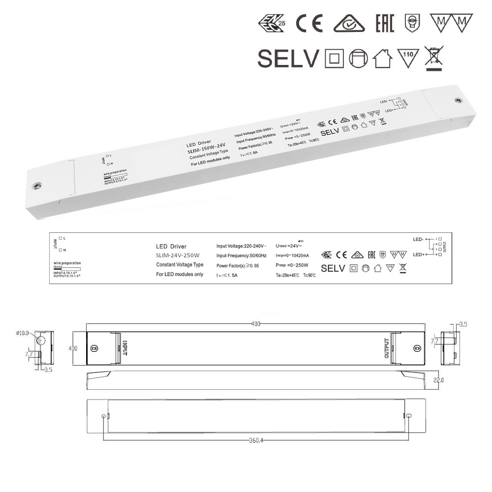 SLIM-250W-24V  : Driver LED extra-plat, tension constante 24V 250W, non dimmable,