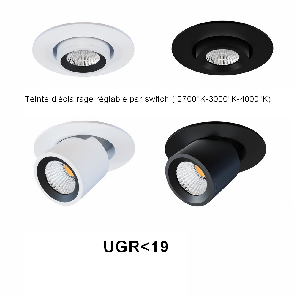 MICRO-R : Spot LED extractible miniature, UGR<19, teinte réglable par switch