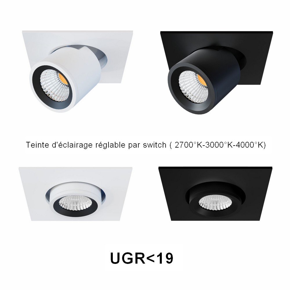 MICRO-C : Spot LED carré extractible miniature, UGR<19, teinte réglable par switch