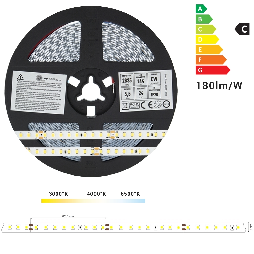 STRIP-PRO55 ruban LED 8 mm, 24V, 144 leds/mètre, 5,5W/mètres, 180 lm/W