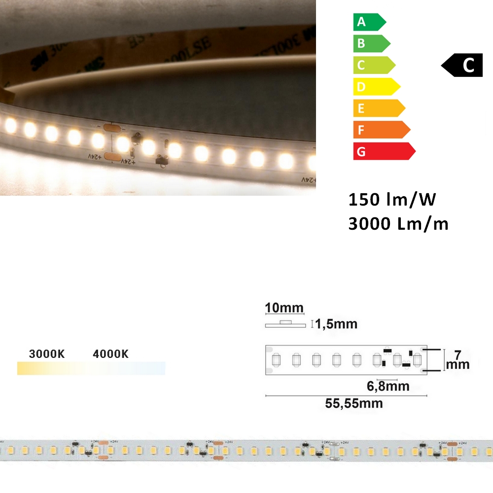 HL-20 ruban LED 10 mm, 24V, 144 leds/mètre, 20W/mètres, 150 lm/W, IRC80