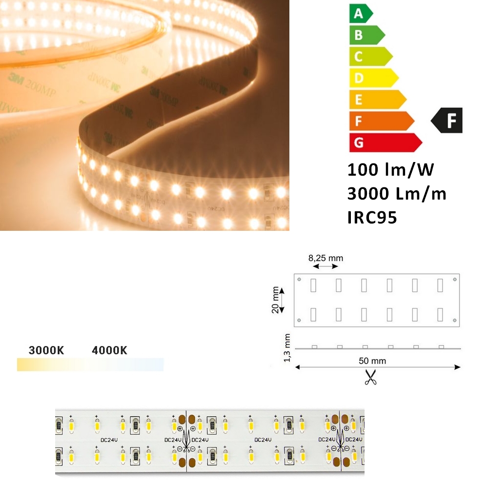 HP-30 Ruban LED 20 mm, 24V, 300 leds/mètre, 30W/mètres, 100 lm/W, IRC95