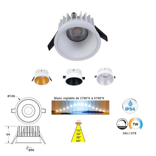 DLR100-HCL: Downlight LED 15W, Ø100mm, IRC90, IP54, tunable white