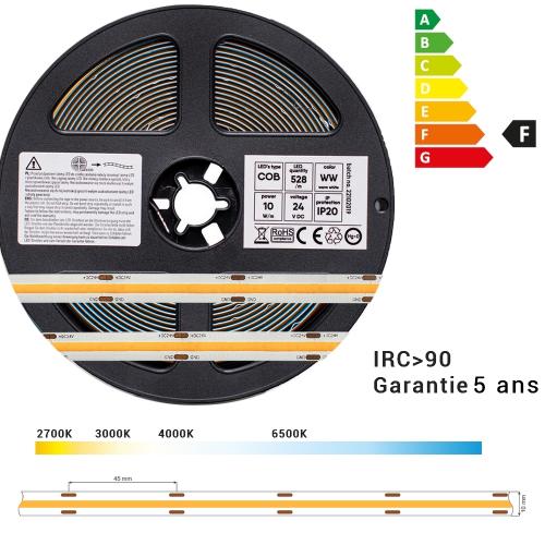 ruban LED COB 10 mm, 24V, 526 leds/mètre, 10W/mètres, IRC90