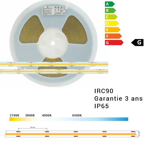 ruban LED COB 10 mm, 24V, 526 leds/mètre, 10W/mètres, IRC90, etanche IP65