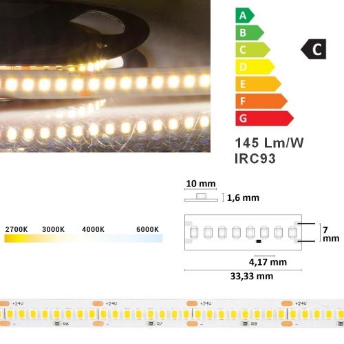 ruban LED 10 mm, 24V, 240 leds/mètre, 21W/mètres, 145 lm/W, IRC93