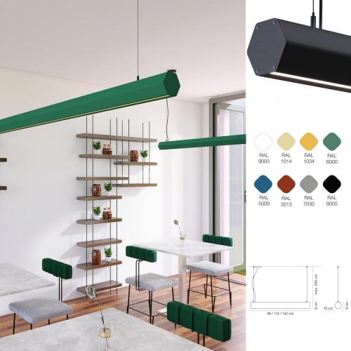 Suspension LED design, profile hexagonale, choix de 8 coloris, UGR<19