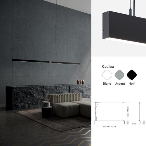 Suspension LED design, profile 4x9 cm, choix de 3 coloris, UGR<19