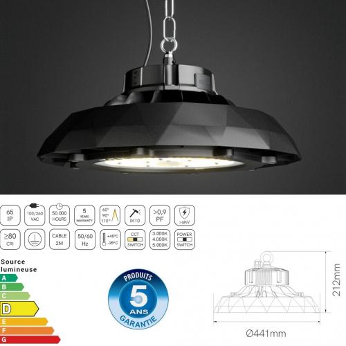 Suspension industrielle LED multipuissance 140190/240W, CCT switch, multiangle