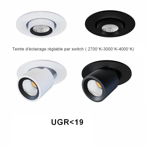 Spot LED extractible miniature, UGR<19, teinte réglable par switch