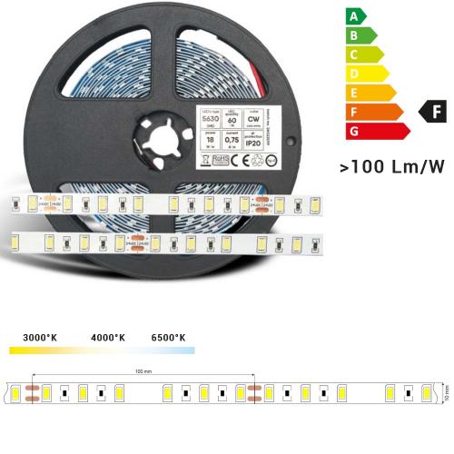 ruban LED 10 mm, 24V, 60 leds/mètre, 18W/mètres, 106lm/W