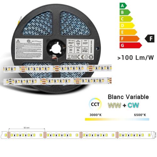 ruban LED 10 mm, 24V, 120 leds/mètre, 20W/mètres, blanc variable CCT